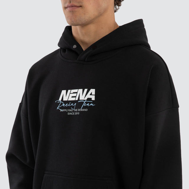 Model wears Network Box Fit Hoodie Anthracite Black Hoodies in Black - Image 4