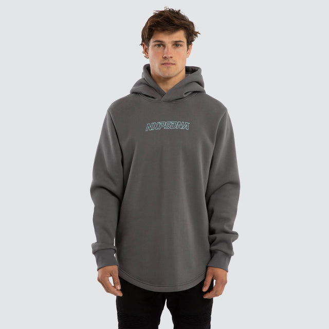 Model wears Public Curved Hem Hoodie Grey  Hoodies in Grey - Image 1