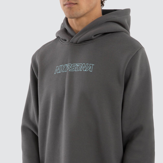 Model wears Public Curved Hem Hoodie Grey  Hoodies in Grey - Image 3