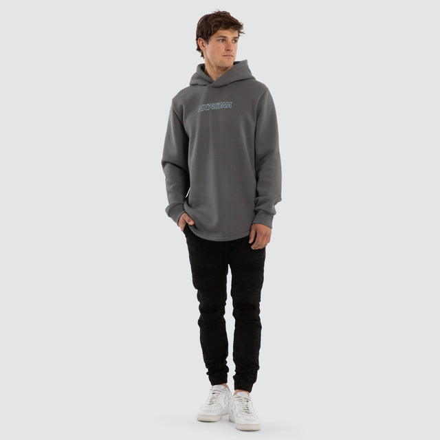 Model wears Public Curved Hem Hoodie Grey  Hoodies in Grey - Image 5