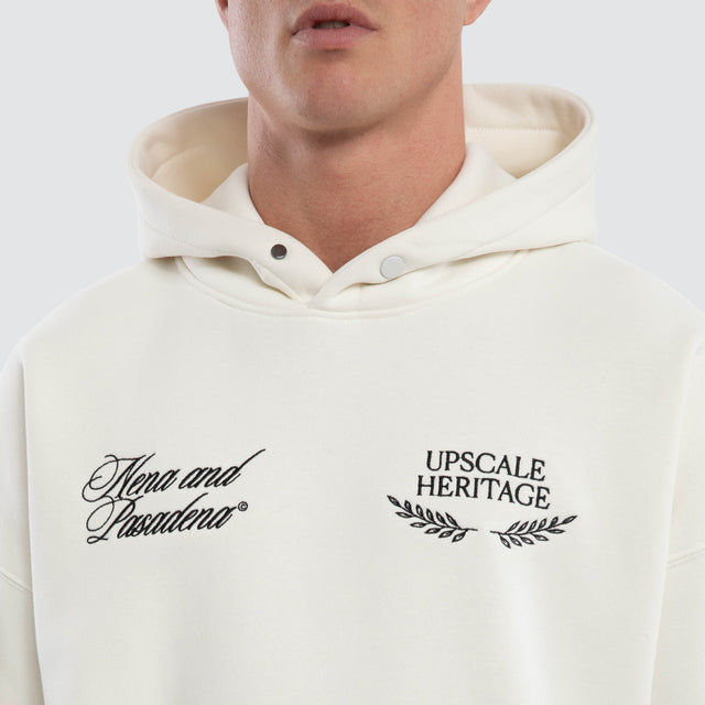 Model wears Etiquette Box Fit Hoodie Natural White Hoodies  – image 4