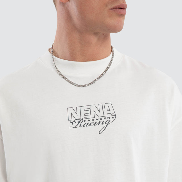 Model wears Strategy Box Fit T-Shirt White  T-Shirts in White - Image 3