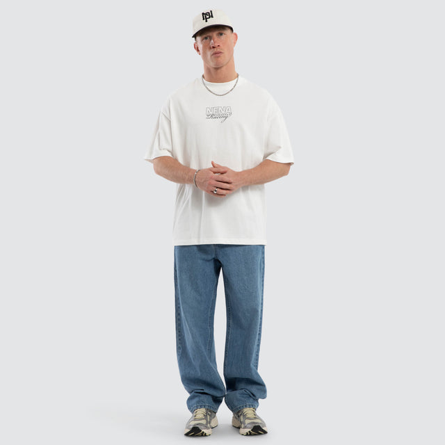 Model wears Strategy Box Fit T-Shirt White  T-Shirts in White - Image 4