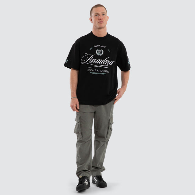 Model wears Drive Loopback Raptor Tee Jet Black T-Shirts in Black - Image 5