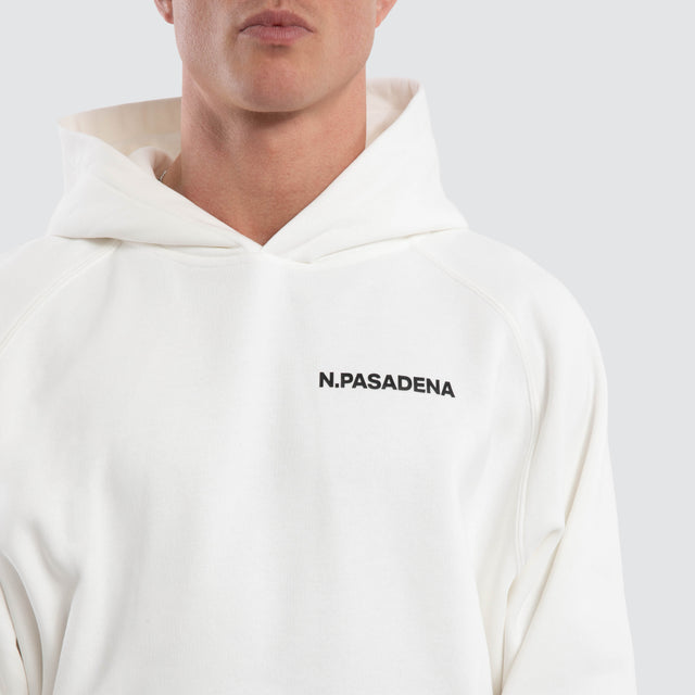Model wears Marshal Raglan Fleece Hoodie White  Hoodies in White - Image 3