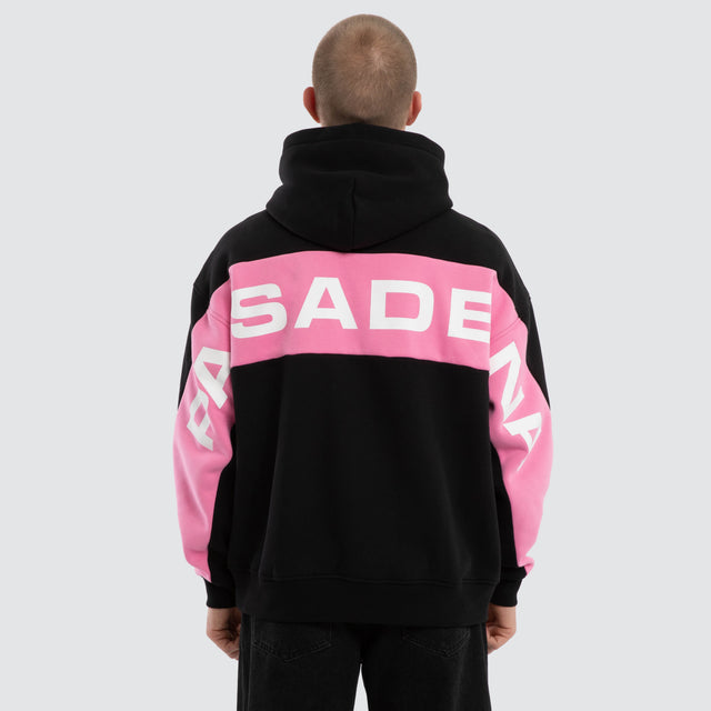 Model wears Zone Box Fit Hoodie Black and Pink  Hoodies in Black - Image 2