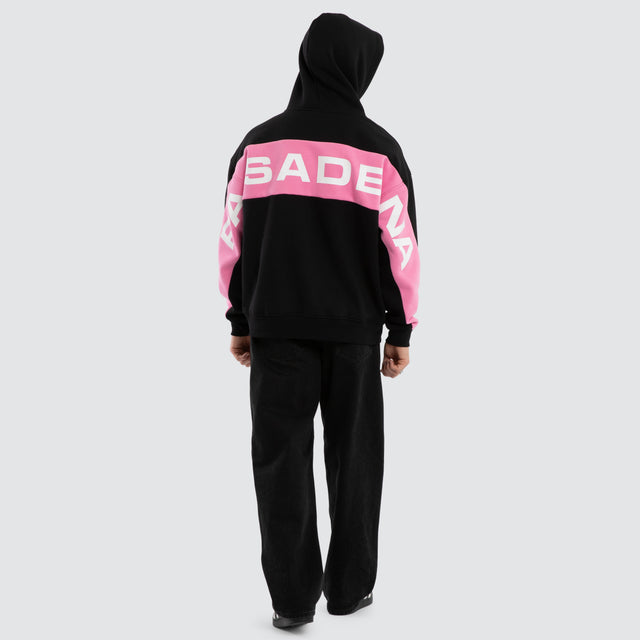 Model wears Zone Box Fit Hoodie Black and Pink  Hoodies in Black - Image 5