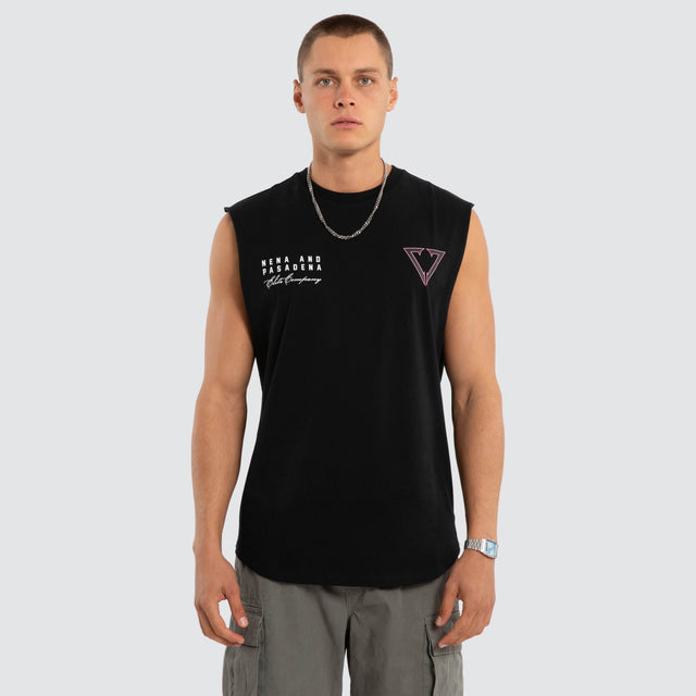 Model wears Eildolon Curved Hem Muscle Black Muscle Tees in Black - Image 2