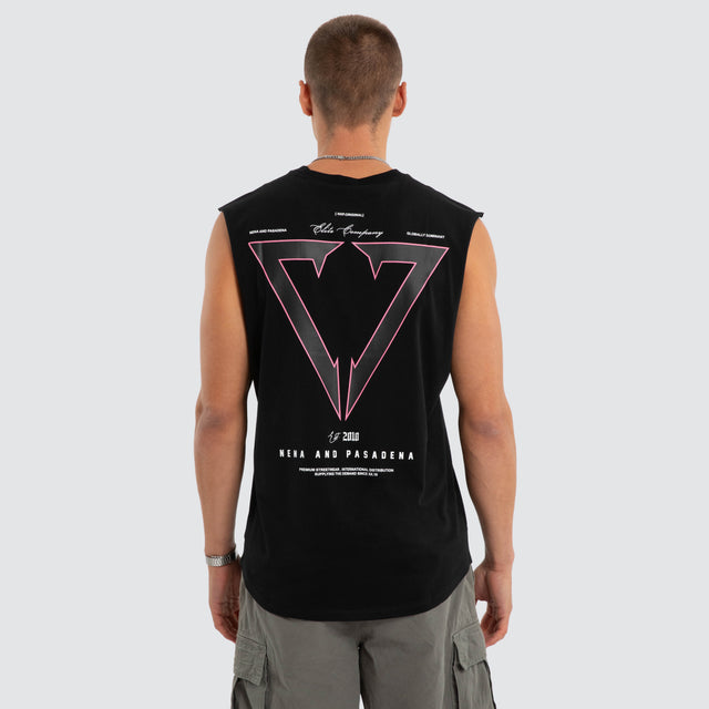 Model wears Eildolon Curved Hem Muscle Black Muscle Tees in Black - Image 1