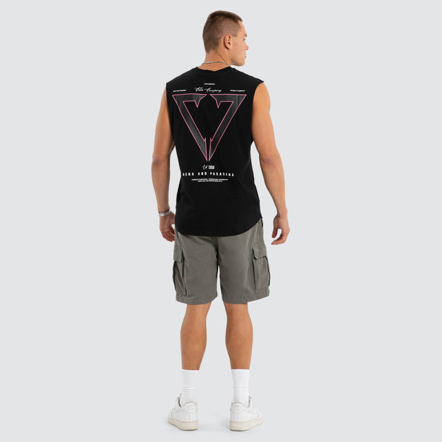 Model wears Eildolon Curved Hem Muscle Black Muscle Tees in Black - Image 5