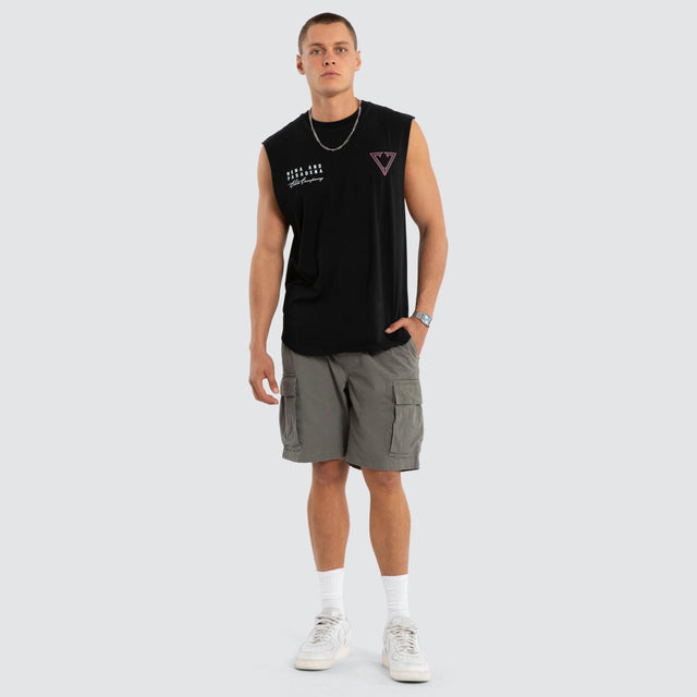 Model wears Eildolon Curved Hem Muscle Black Muscle Tees in Black - Image 4
