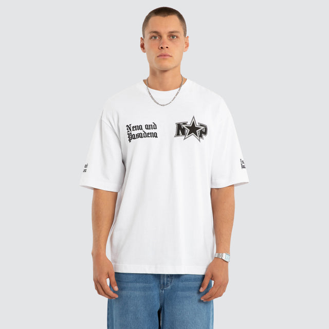 Model wears Authority Oversized Tee Optical White T-Shirts in White - Image 1