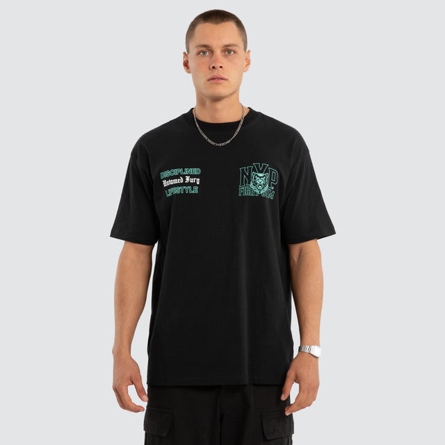 Model wears Division Box Fit Tee Black T-Shirts in Black - Image 2