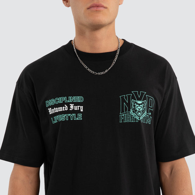 Model wears Division Box Fit Tee Black T-Shirts in Black - Image 3