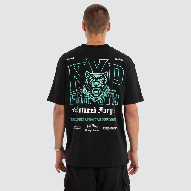 Model wears Division Box Fit Tee Black T-Shirts in Black - Image 1