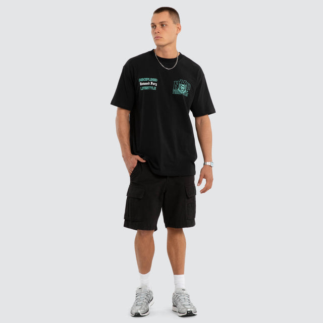 Model wears Division Box Fit Tee Black T-Shirts in Black - Image 5