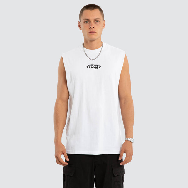Model wears Vanguard Relaxed Muscle White Muscle Tees in White - Image 2