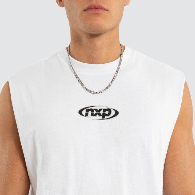 Model wears Vanguard Relaxed Muscle White Muscle Tees in White - Image 3