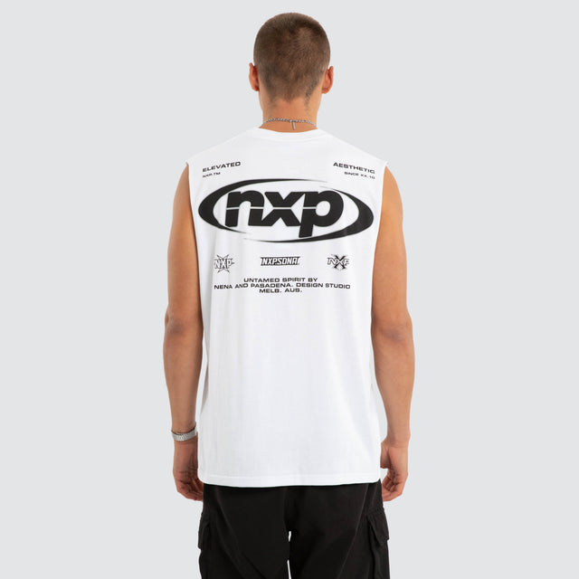 Model wears Vanguard Relaxed Muscle White Muscle Tees in White - Image 1