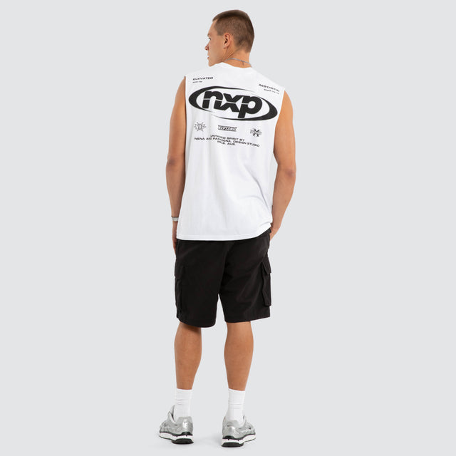 Model wears Vanguard Relaxed Muscle White Muscle Tees in White - Image 4