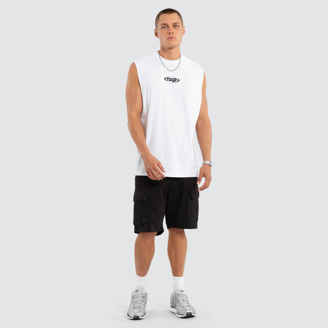 Model wears Vanguard Relaxed Muscle White Muscle Tees in White - Image 5