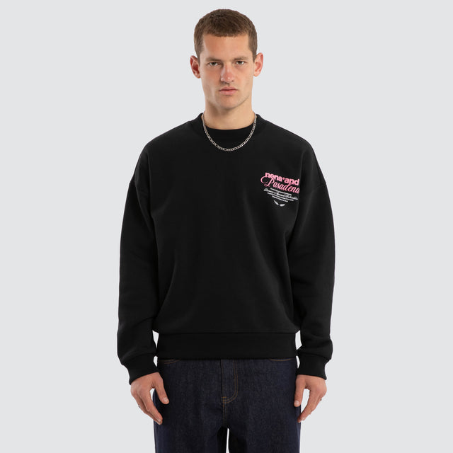 Model wears Limitless Box Fit Sweater Anthracite Black Jumpers in Black - Image 2