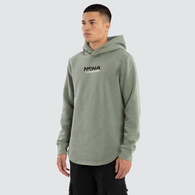 Model wears Neutral Curved Hem Hoodie Pigment Green Hoodies in Green - Image 3