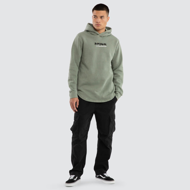 Model wears Neutral Curved Hem Hoodie Pigment Green Hoodies in Green - Image 5