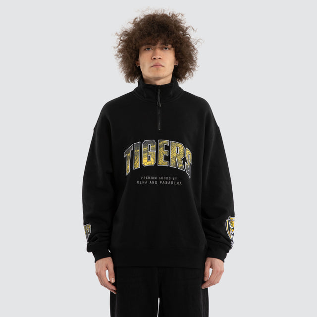 Model wears Ben Davis Richmond Tigers AFL 1/4 Zip Thru Jet Black Pullover in Black - Image 2