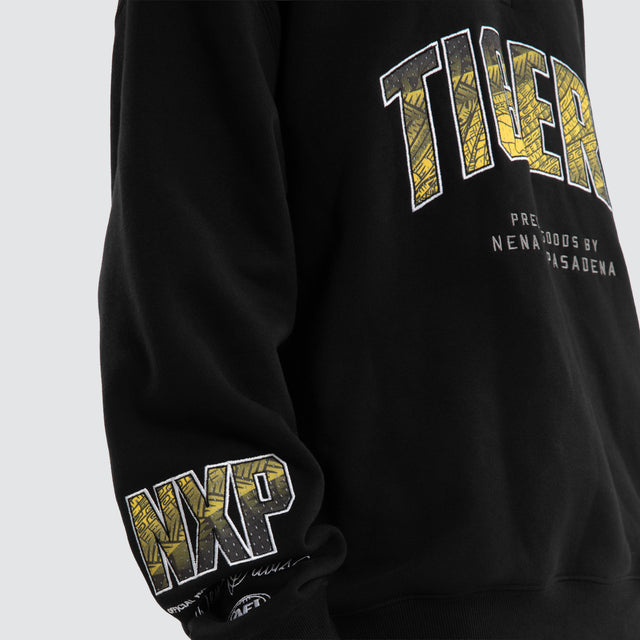 Model wears Ben Davis Richmond Tigers AFL 1/4 Zip Thru Jet Black Pullover in Black - Image 3