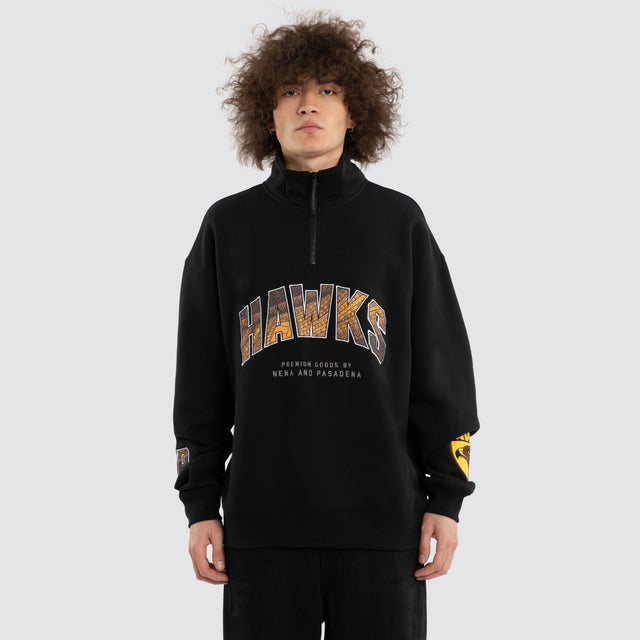 Model wears Ben Davis Hawthorn Hawks AFL 1/4 Zip Thru Jet Black Pullover in Black - Image 2