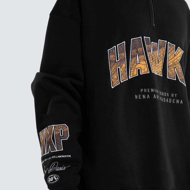 Model wears Ben Davis Hawthorn Hawks AFL 1/4 Zip Thru Jet Black Pullover in Black - Image 3