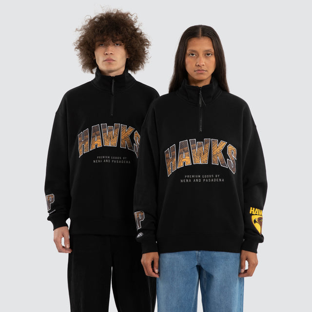Model wears Ben Davis Hawthorn Hawks AFL 1/4 Zip Thru Jet Black Pullover in Black - Image 1