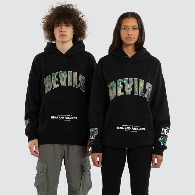Model wears Ben Davis Tasmania Devils AFL Box Fit Hoodie Jet Black Hoodies in Black - Image 1