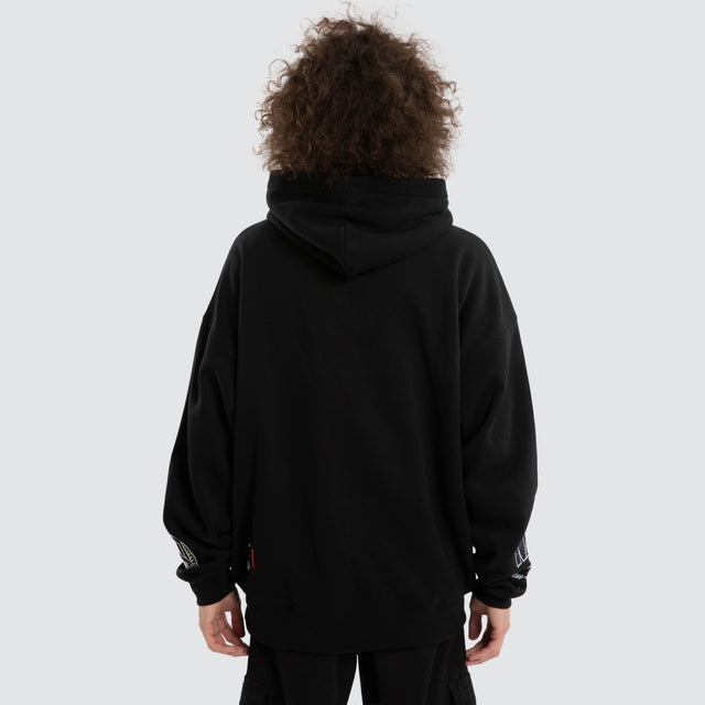 Model wears Ben Davis Collingwood Magpies AFL Box Fit Hoodie Jet Black Hoodies in Black - Image 5