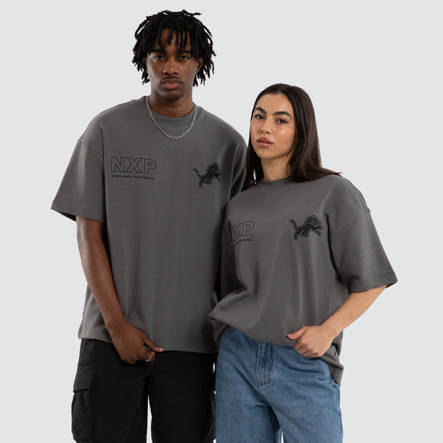 Model wears Detroit Lions Positions Tee Charcoal T-Shirts in Grey - Image 1