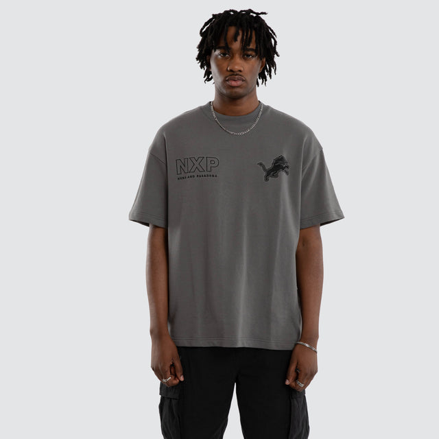 Model wears Detroit Lions Positions Tee Charcoal T-Shirts in Grey - Image 4