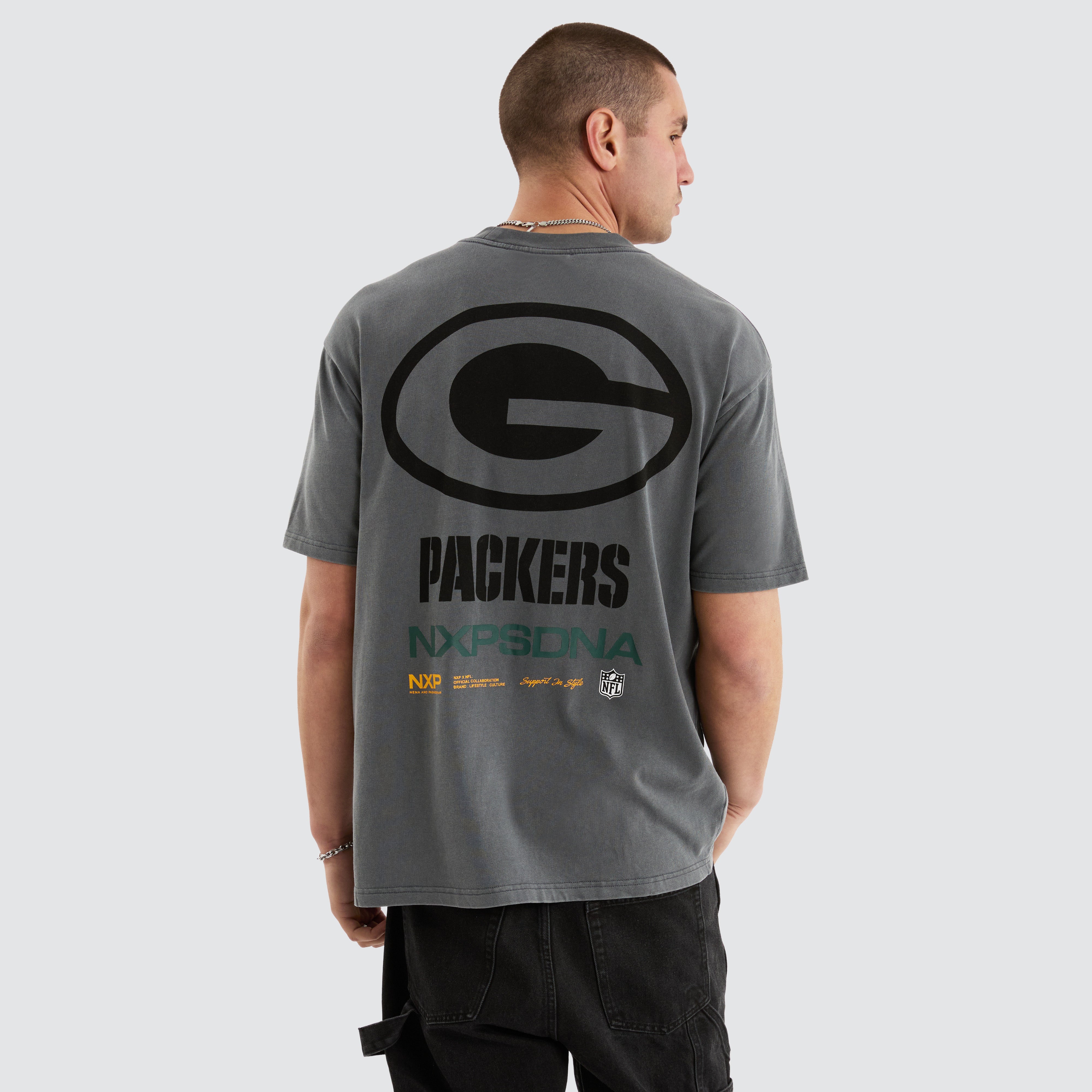 NXP x NFL Green Bay Packers Box Fit Tee in Pigment Grey Nena And Pasadena