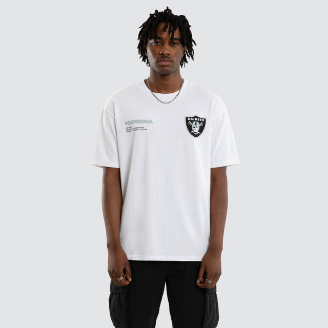 Model wears Las Vegas Raiders Driven Tee Optical White T-Shirts in White - Image 4