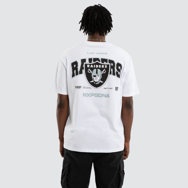 Model wears Las Vegas Raiders Driven Tee Optical White T-Shirts in White - Image 6