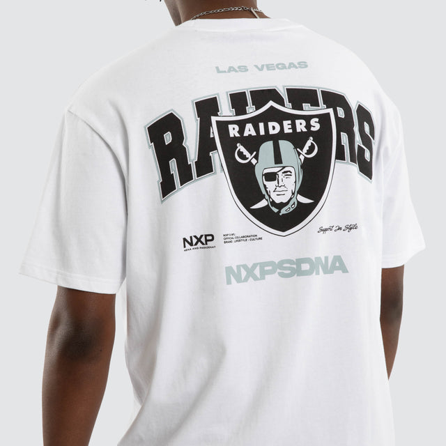 Model wears Las Vegas Raiders Driven Tee Optical White T-Shirts in White - Image 2