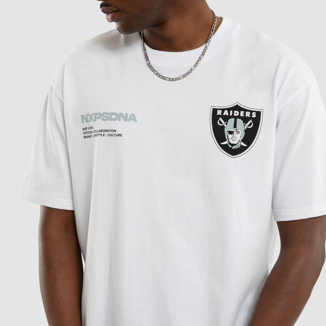 Model wears Las Vegas Raiders Driven Tee Optical White T-Shirts in White - Image 7