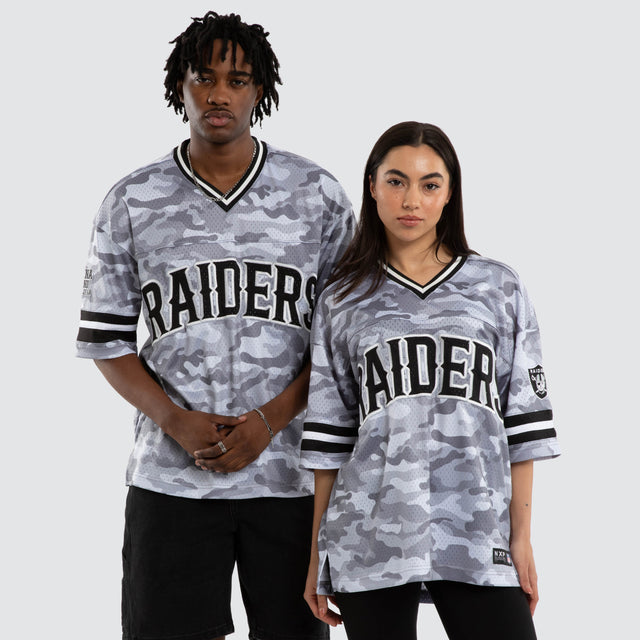 Model wears Las Vegas Raiders Brady Jersey Snow Camo Jerseys in Camo - Image 2
