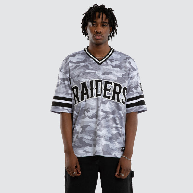 Model wears Las Vegas Raiders Brady Jersey Snow Camo Jerseys in Camo - Image 3