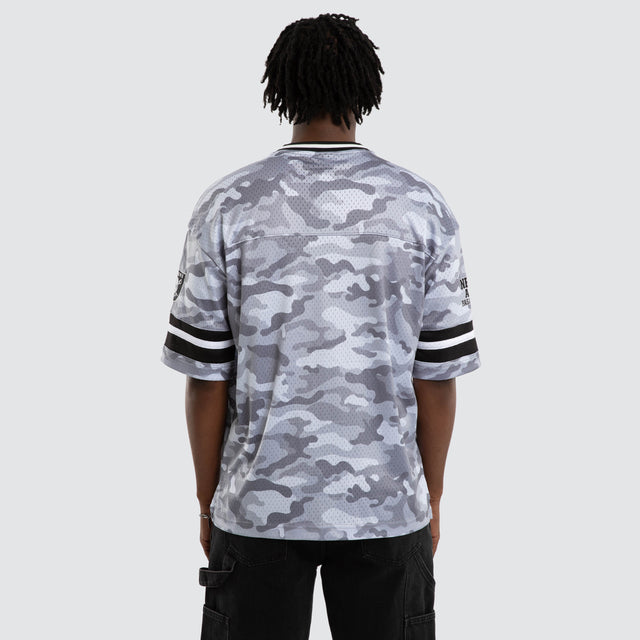 Model wears Las Vegas Raiders Brady Jersey Snow Camo Jerseys in Camo - Image 5