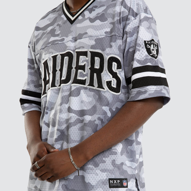 Model wears Las Vegas Raiders Brady Jersey Snow Camo Jerseys in Camo - Image 7