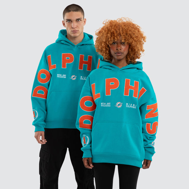 Model wears Miami Dolphins Arch Hoodie Aqua Hoodies Green – image 1