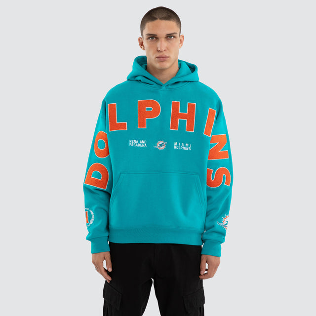 Model wears Miami Dolphins Arch Hoodie Aqua Hoodies Green – image 5