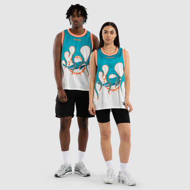 Model wears Miami Dolphins Basketball Jersey Aqua/White Jerseys in Blue - Image 3
