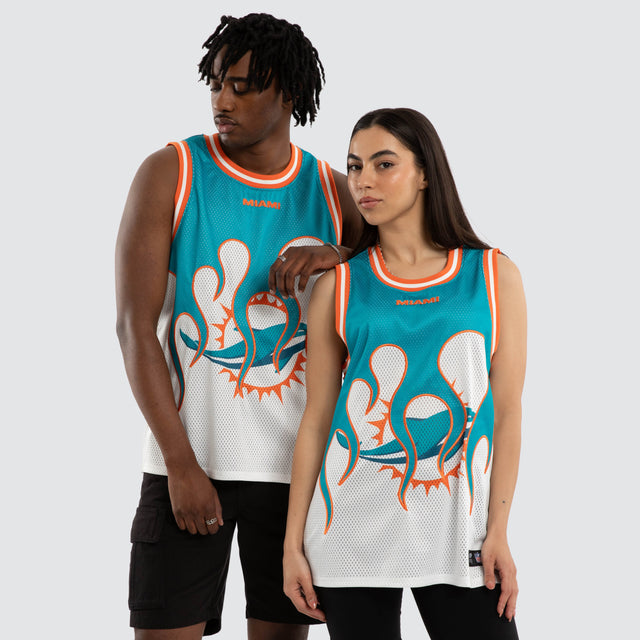 Model wears Miami Dolphins Basketball Jersey Aqua/White Jerseys in Blue - Image 1